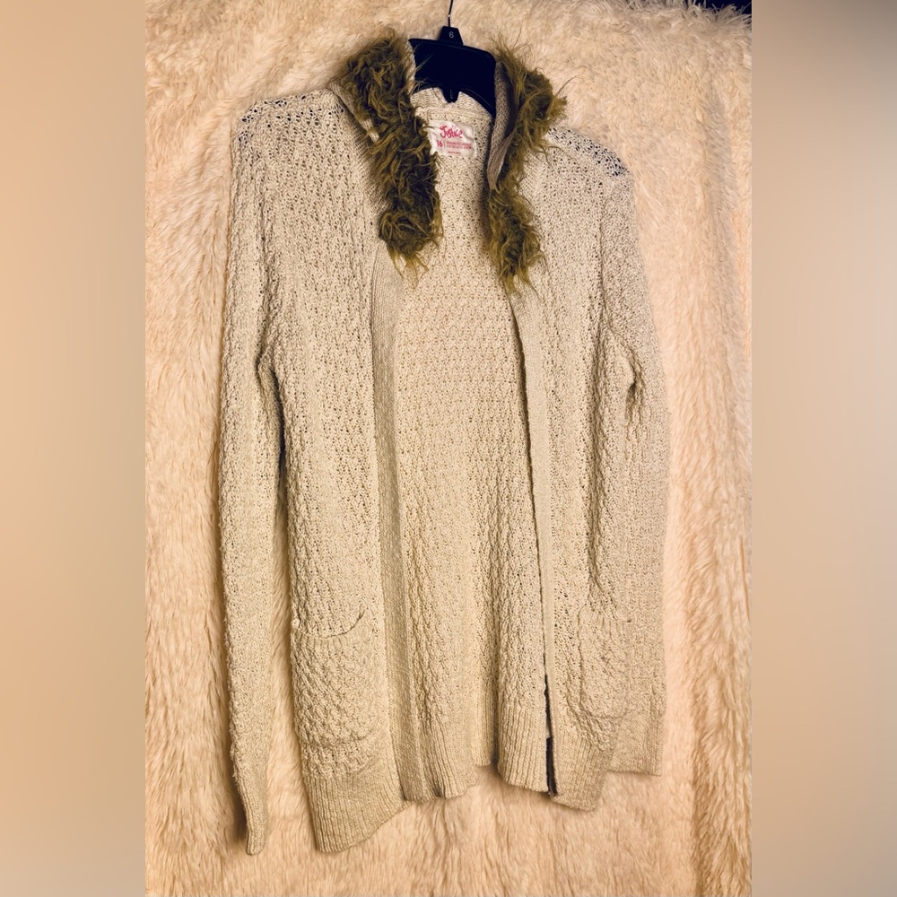 Justice Faux Fur Hooded Open Knit Cardigan Sweater 🤍